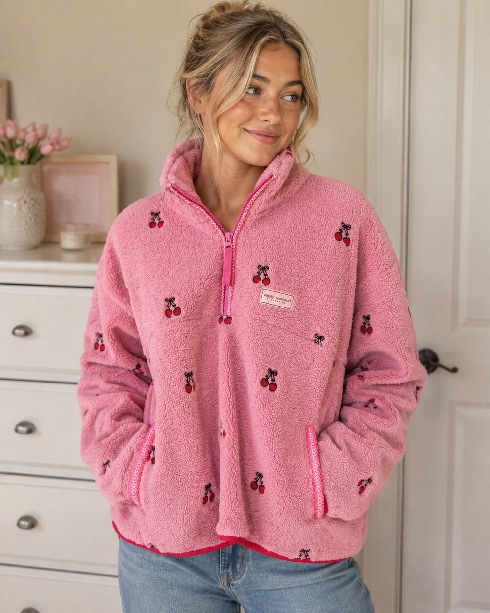 Simply Southern Sherpa Pullover Women's Size XL Cherry Twee Preppy 1/4 Zip NEW